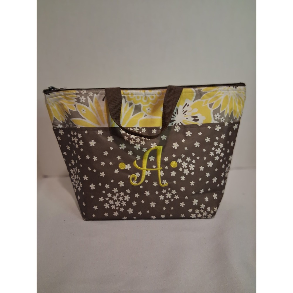 Thirty-One Thermal Lunch Tote Yellow Grey Floral Monogram A Insulated Bag